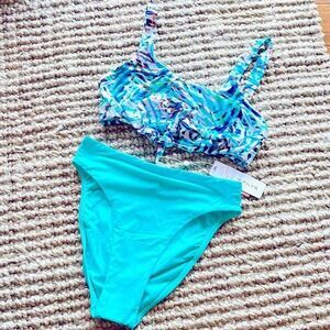 Nwt Anthropologie PilyQ calico turquoise 80s twisted high waisted bikini set